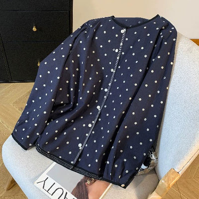 Women Autumn Cotton Round Neck Polka Dot Single-Breasted Shirt