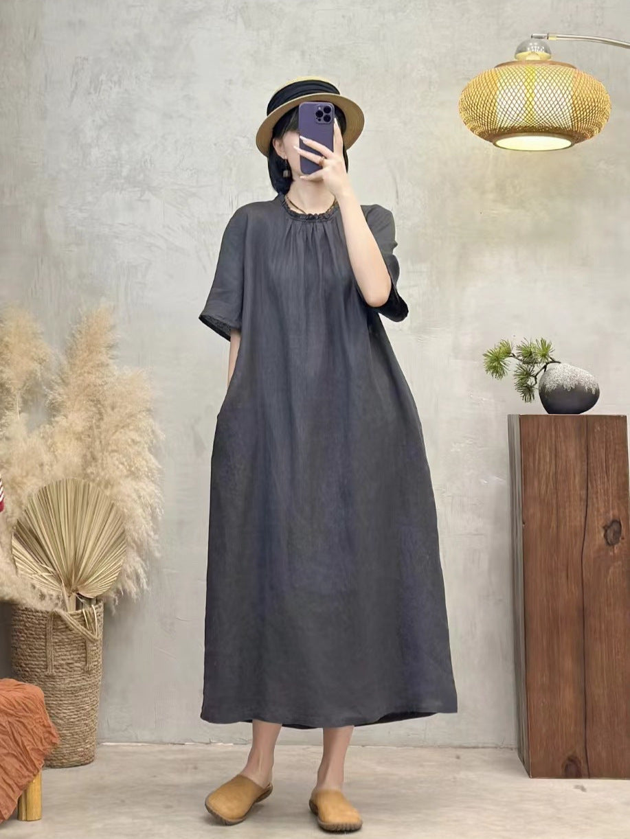 Babakud Retro Linen Ruffle Lapel Lace-Up Short Sleeves Dress
