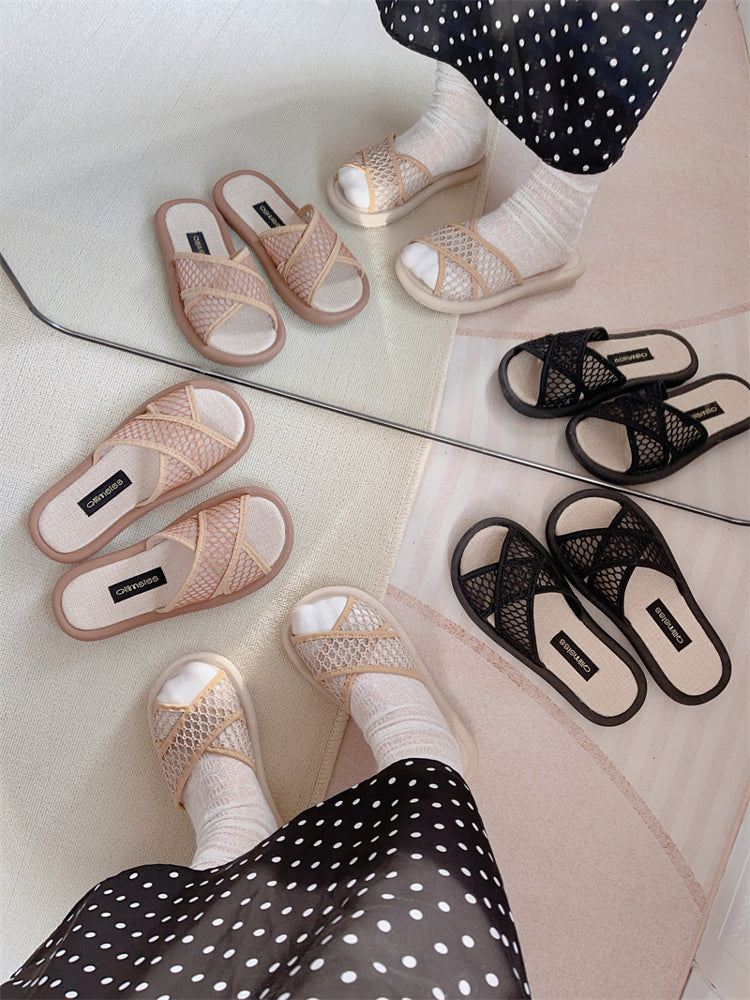 Babakud Women Summer Cross-Strap Linen Half-Flat Slippers
