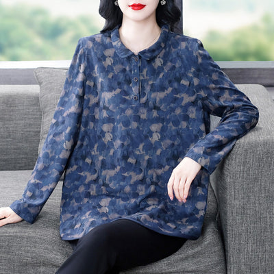 Plus Size Loose Elegant Floral Printed Cotton Women Polo Shirt