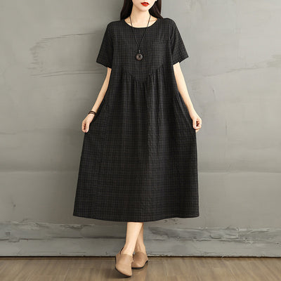 Women Summer Cotton Linen Round Neck Plaid Dress