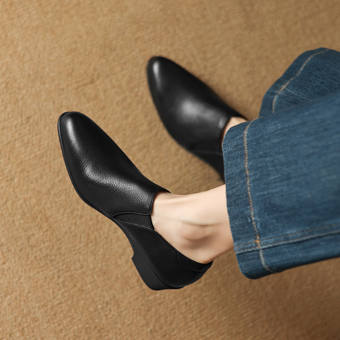 Autumn Sheepskin Leather Pointed Toe Elastic Slip-On Shoes