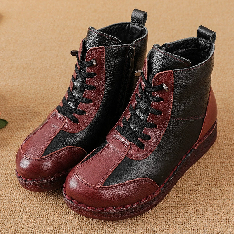 Winter Leather Fleece-In Patchwork Wide Toe Soft Sole Ankle Boots