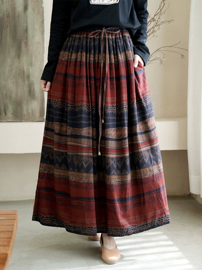 Women Summer Linen Printed Striped Elastic Waist Lace-Up Skirt