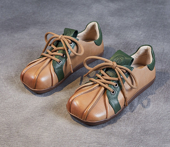 Spring Retro Soft Sole Color Block Lace-Up Leather Casual Shoes