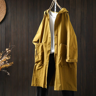 Women Spring Retro Pure Cotton Hooded Coat with Pockets