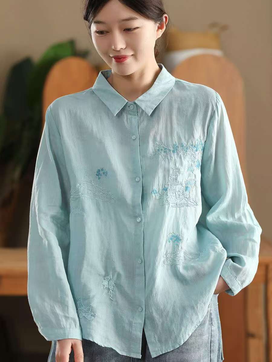 Autumn Retro Ramie Embroidered Loose Long Sleeves Shirt