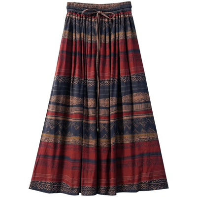Women Summer Linen Printed Striped Elastic Waist Lace-Up Skirt