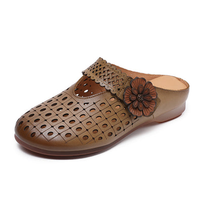Babakud Retro Leather Hollow Soft Sole Flower Velcro Flats