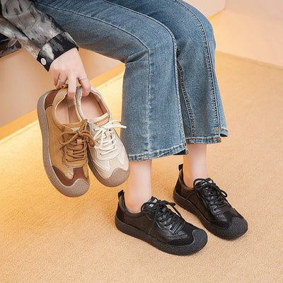 Retro Leather Casual Soft Thick Sole Patchwork Lace-Up Shoes