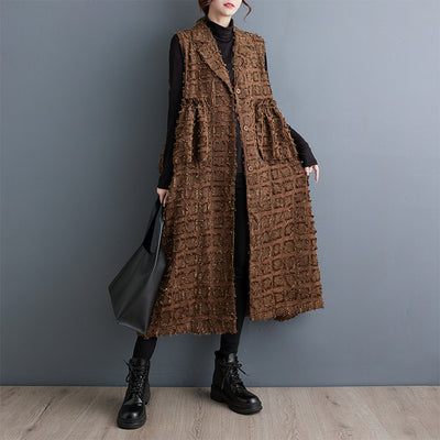 Ladies Stylish Ruffled Lapel Textured Fringed Sleeveless Jacket
