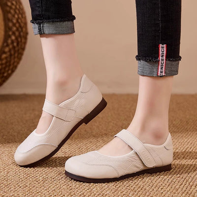 Women Retro Leather Round Toe One Straped Velcro Flat Shoes