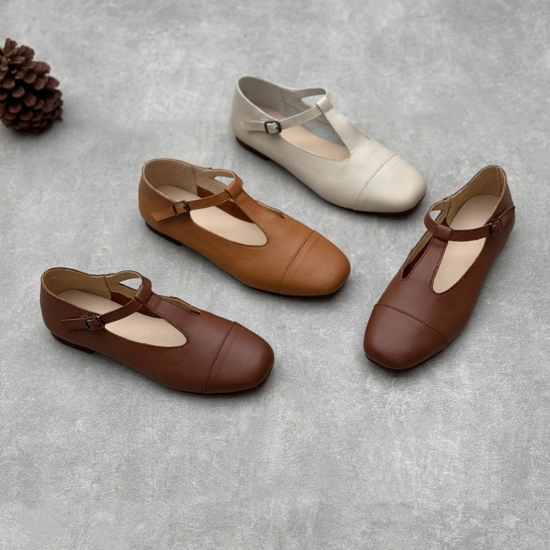 Women Retro Leather Soft Flat Sole One Straped Shoes