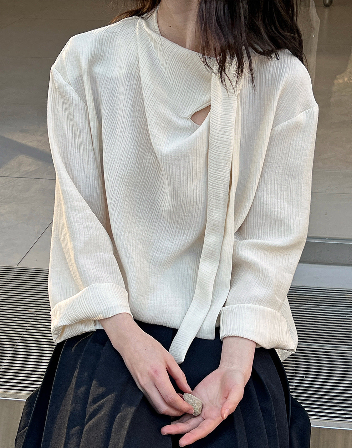 Ladies Solid Color Elegant Retro Ribbon Texture Cotton Pullover