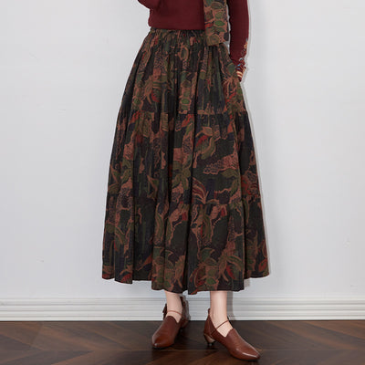 Babakud Autumn Retro Cotton Printed Loose A-Line Skirt