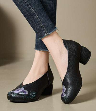Ethnic Style Retro Genuine Leather Floral Embroidered Heeled Shoes