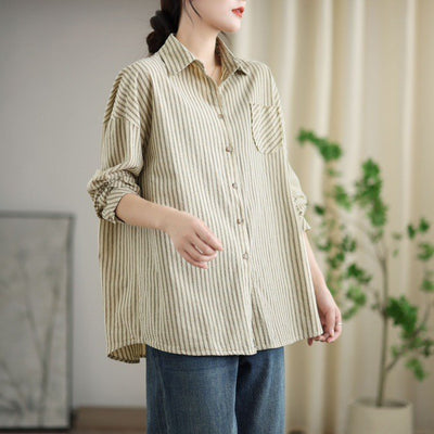 Babakud Retro Cotton Striped Casual Loose Patchwork Shirt