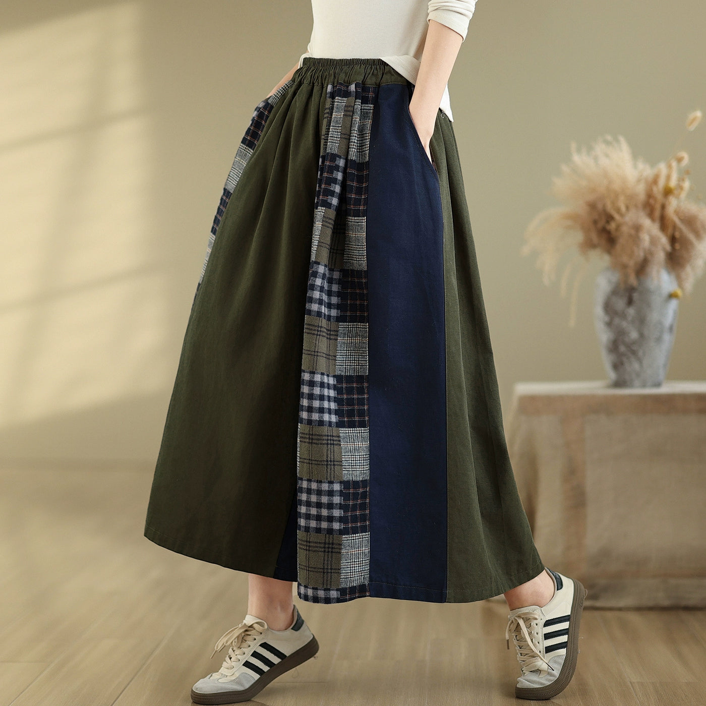 Women Spring Vintage Artistic Cotton Plaid Patchwork Wide-Leg Pants