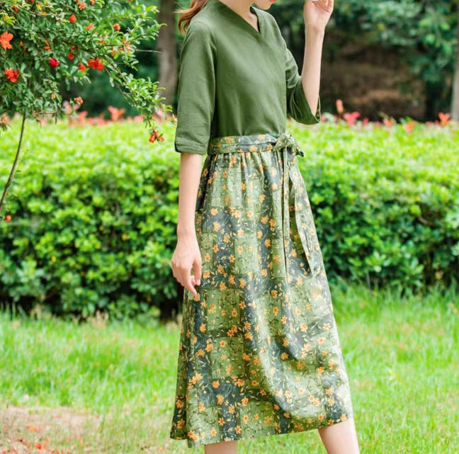 Ladies Spring Floral Printed Cotton Linen A-Line Dresses