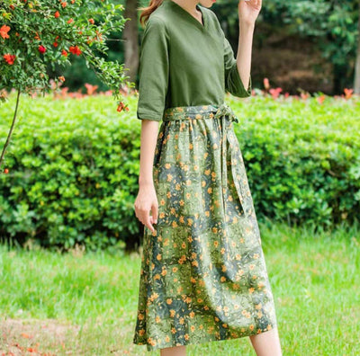 Ladies Spring Floral Printed Cotton Linen A-Line Dresses