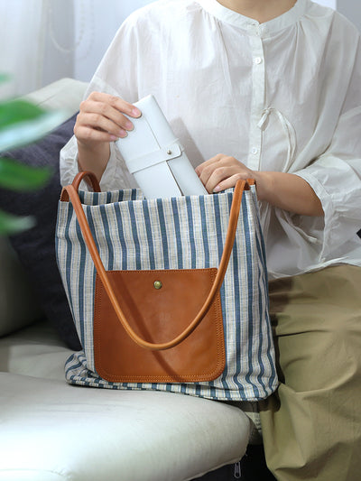 Babakud Vintage Striped Canvas Bucket Casual Tote Bag