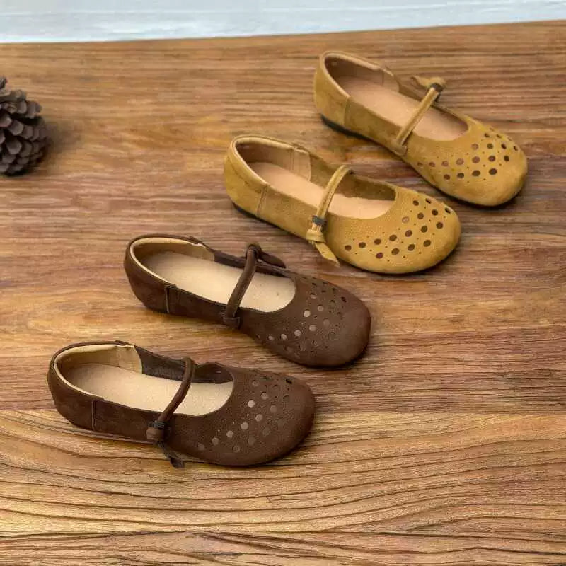 Retro Summer Leather Breathable Hollow Round Toe Soft Shoes