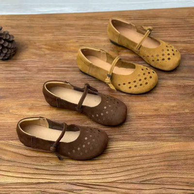 Retro Summer Leather Breathable Hollow Round Toe Soft Shoes