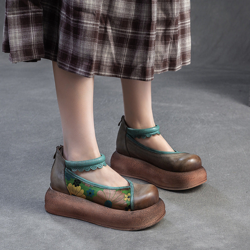 Retro Leather Fashionable Platform Printed Lace Straped Shoes