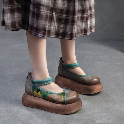 Retro Leather Fashionable Platform Printed Lace Straped Shoes