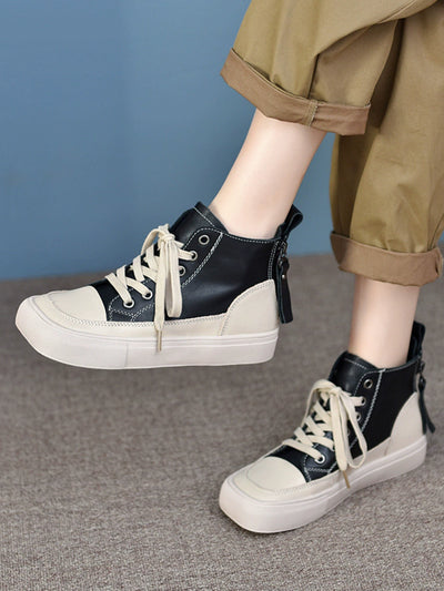 Women Retro Leather Patchwork Versatile Platform Shoes