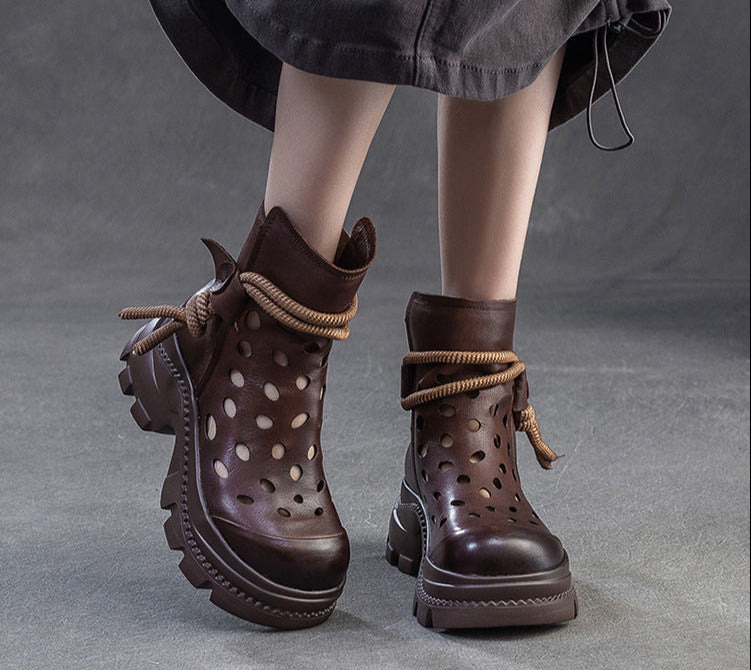 Women Retro Stylish Hollow Chunky Heels Comfy Short Boots