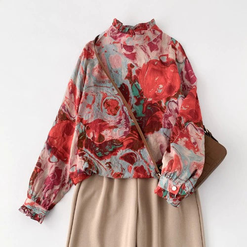 Women Spring Retro Ramie Printed Ruffled Collar Casual Blouse