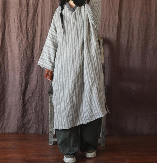 Women Vintage Color Block V-Neck Mid-Length Cotton Linen Coat