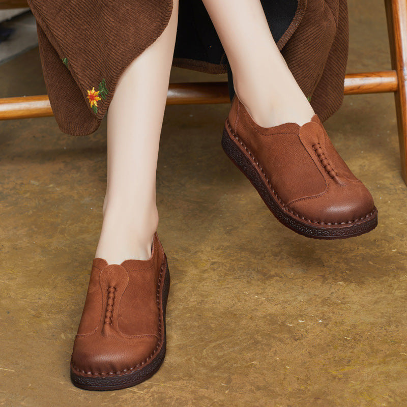 Retro Minimalist Intricate Stitching Handmade Leather Slip-Ons