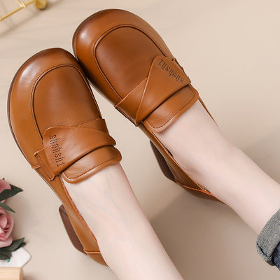 Genuine Leather For Women Retro Chunky Slip-Ons Flats Shoes