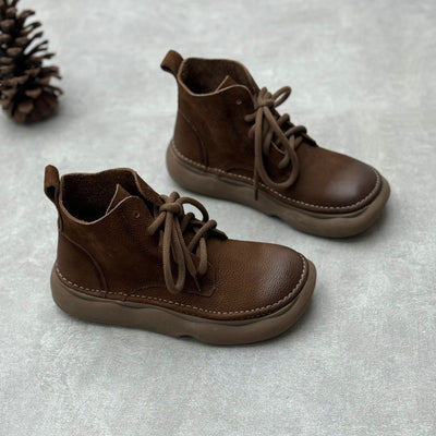 Women Retro Soft Soled Lace-Up Genuine Leather Short Boots