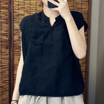 Babakud Summer Causla Linen Loose Pocket V- Neck Vest