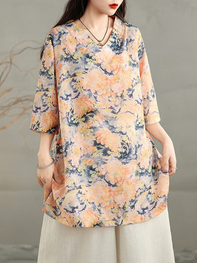 Ladies Retro Printed Loose V-Neck Mid-Length Cotton Linen T-Shirt