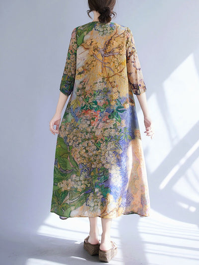 Women Retro Vacation Printed V-Neck A-Line Tencel Dresses