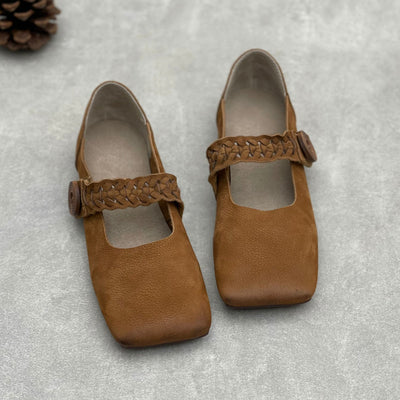 Artistic Retro Square Toe Handmade Woven Strap Leather Flats