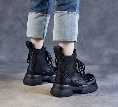 Ladies Stylish Square Toe Platform Lace-Up Leather Martin Boots