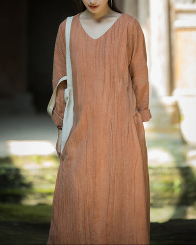 Women Casual Spring Tie-Dye V-Neck Ramie Cotton Midi Dresses