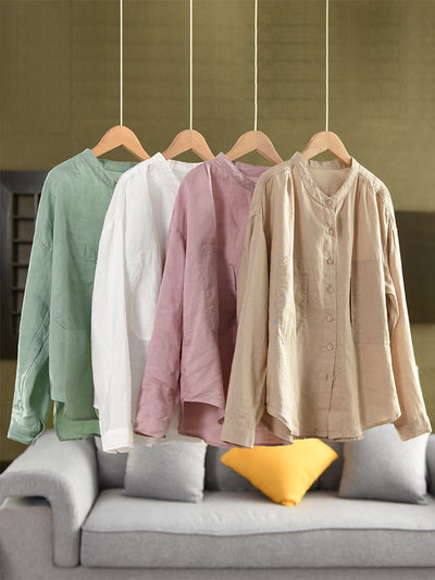 Women Spring Casual Loose Single-Breasted Ramie Shirt