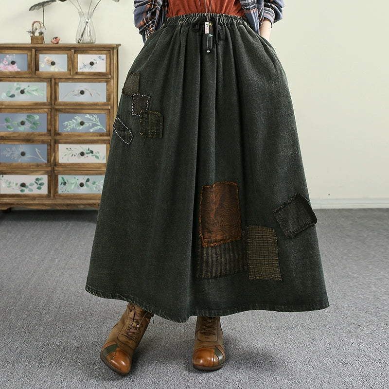 Women Spring Washed Vintage Patchwork Denim A-Line Skirt