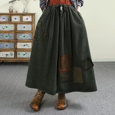Women Spring Washed Vintage Patchwork Denim A-Line Skirt