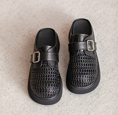 Ladies Casual Breathable Platform Sheepskin Woven Retro Slippers