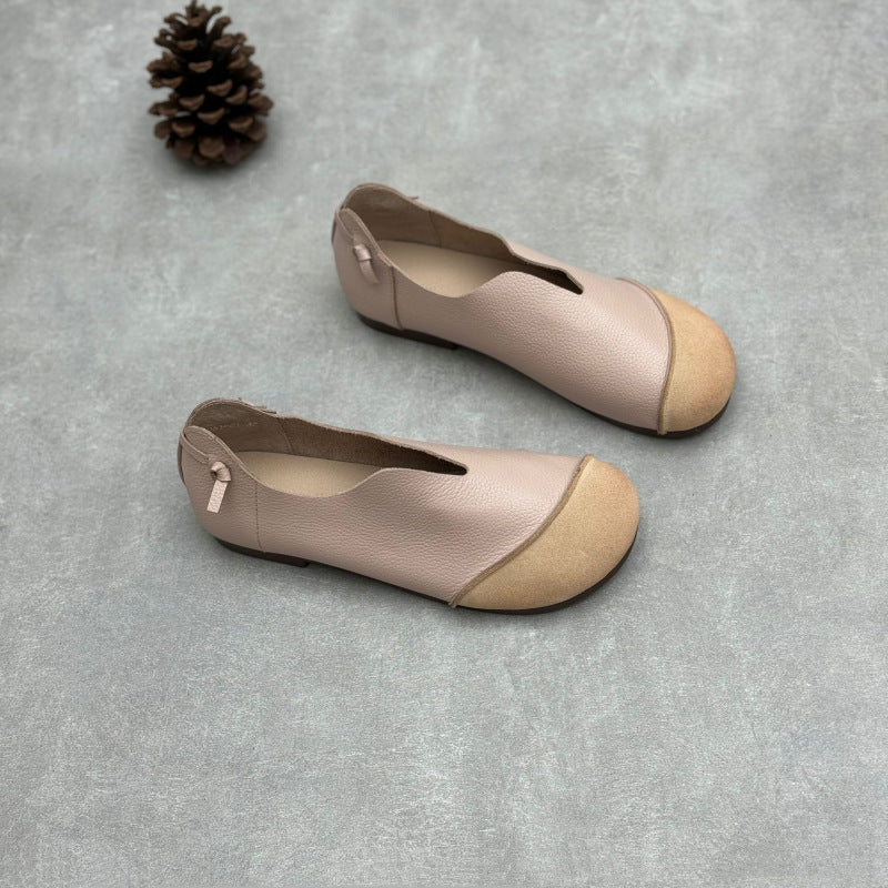 Ladies Retro Contrast Low Heeled Soft Leather Slip-On Shoes