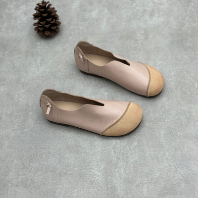 Ladies Retro Contrast Low Heeled Soft Leather Slip-On Shoes