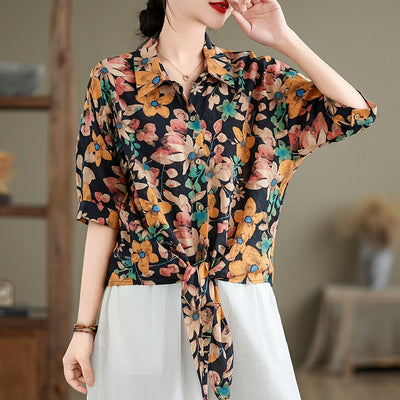 Women Summer Retro Cotton-Linen Printed Casual Loose Blouse