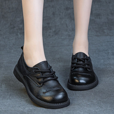 Women Black Brown Retro Genuine Leather Lace-Up Casual Shoes
